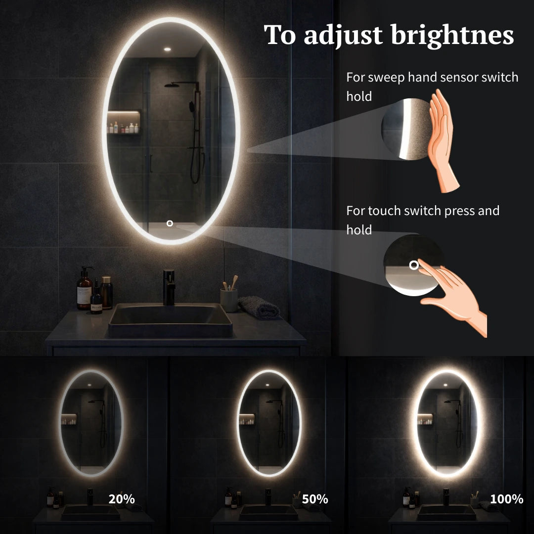 Bathroom vanity with illuminated oval mirror, showing brightness adjustment options.