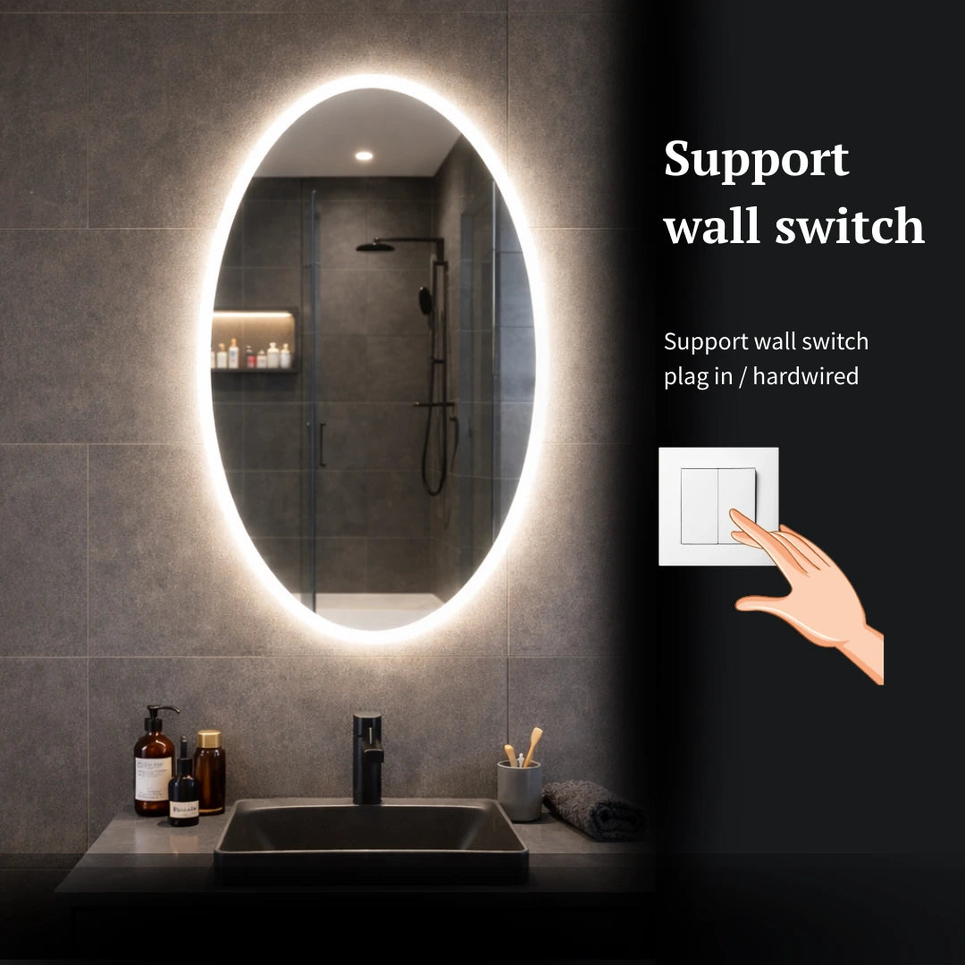 Bathroom vanity with illuminated oval led mirror and wall switch illustration