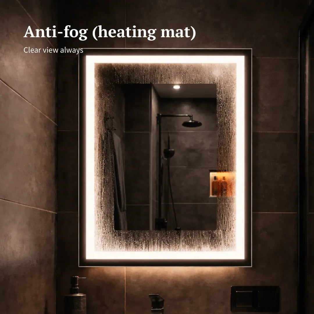 Rectangular LED mirror with double Front Lit heating mat
