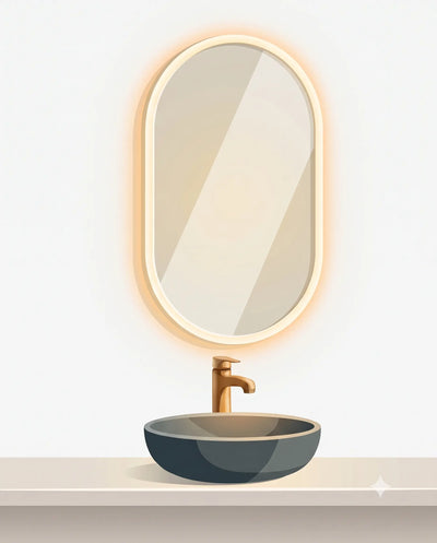 An oval wall-mounted bathroom mirror with a warm glowing light frame, above a gold faucet and a dark blue-gray vessel sink on a light beige countertop.