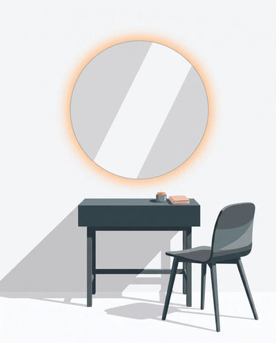 A minimalist vector illustration of a modern vanity setup featuring a round backlit mirror with a warm orange glow, a dark gray writing desk, and a matching gray chair against a light gray wall.
