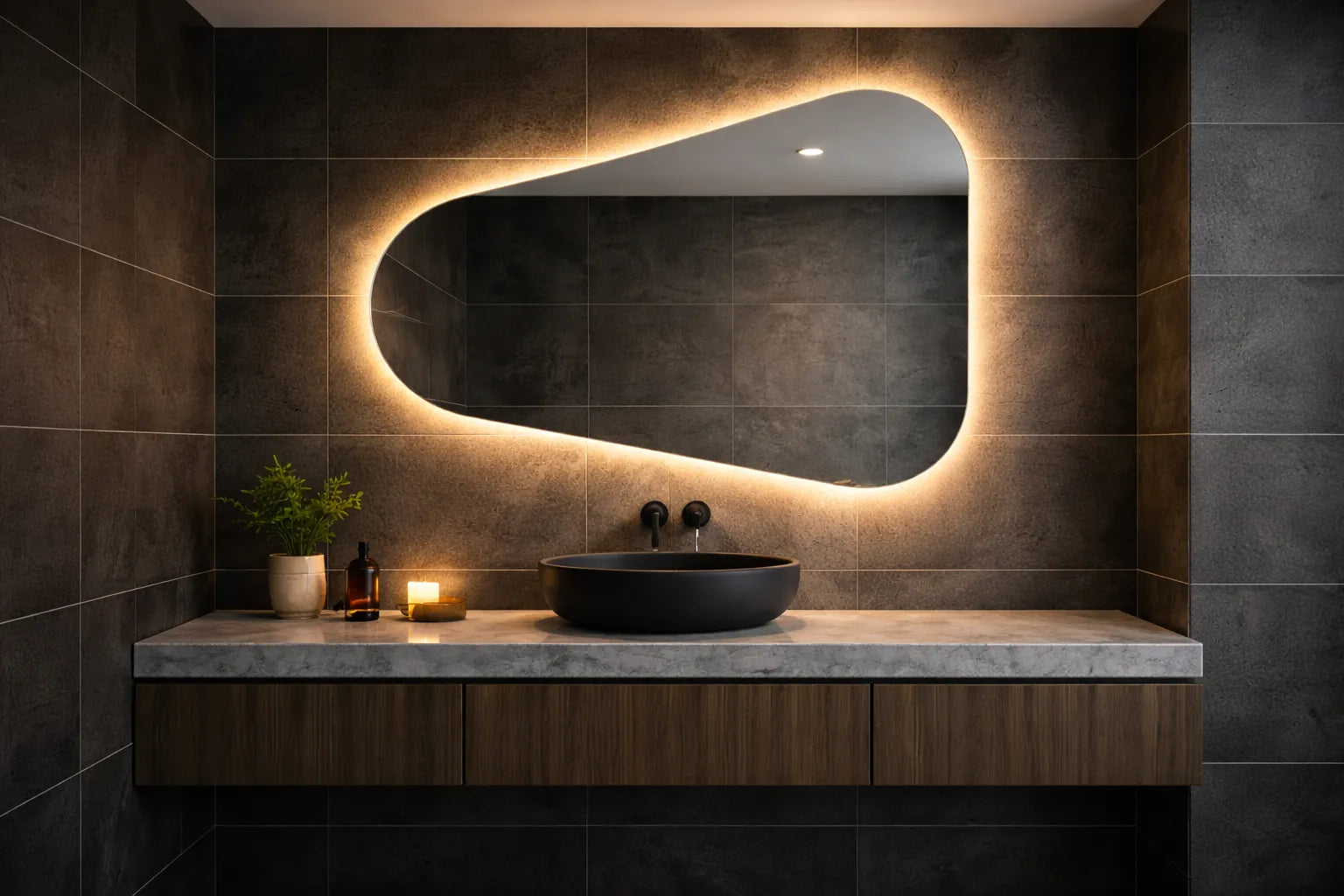 Asymmetrical backlit LED mirror in a dark modern bathroom with textured tiles and floating vanity.