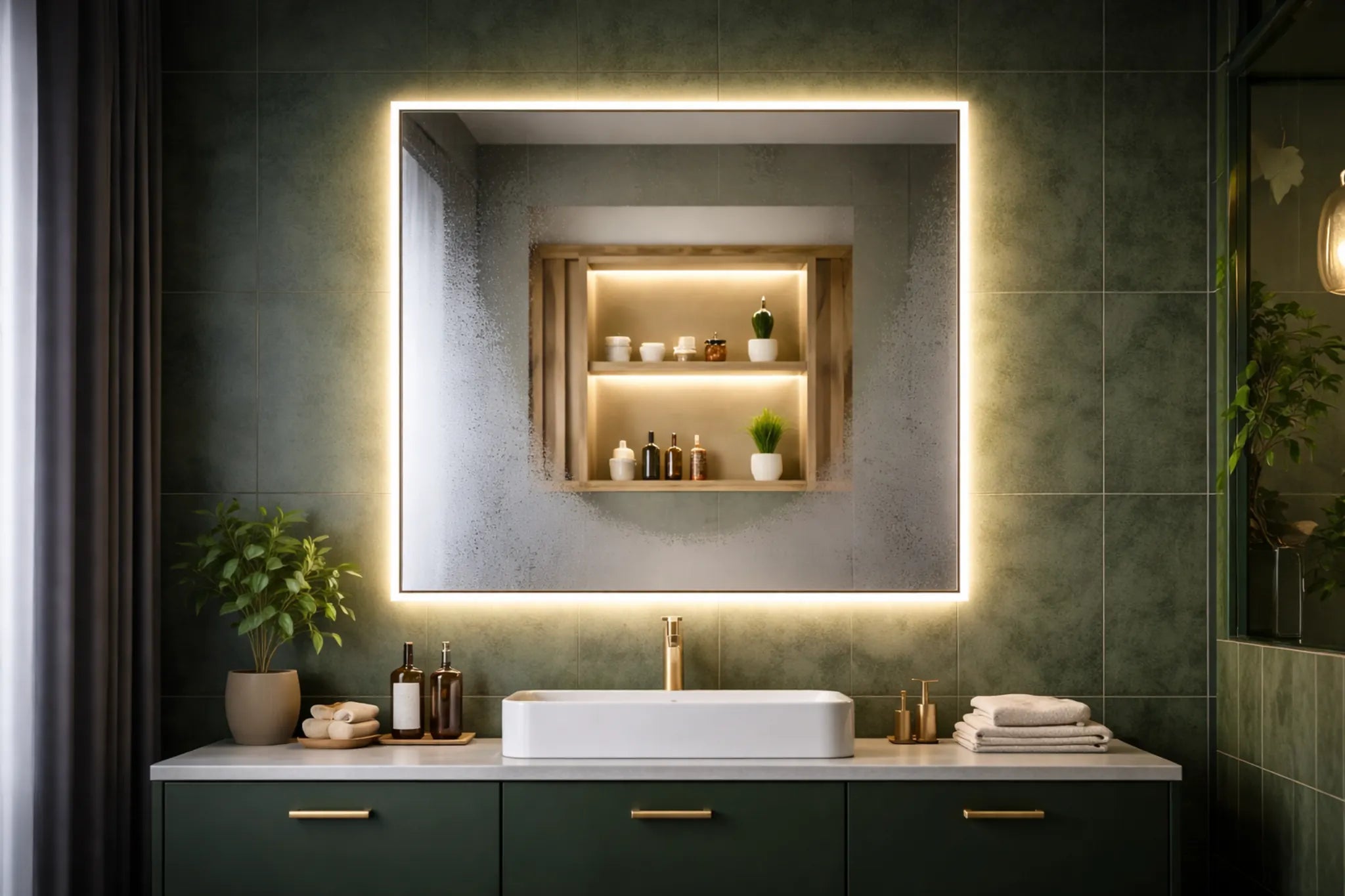 Square LED bathroom mirror with heated mat anti-fog area in a green tiled bathroom vanity setting
