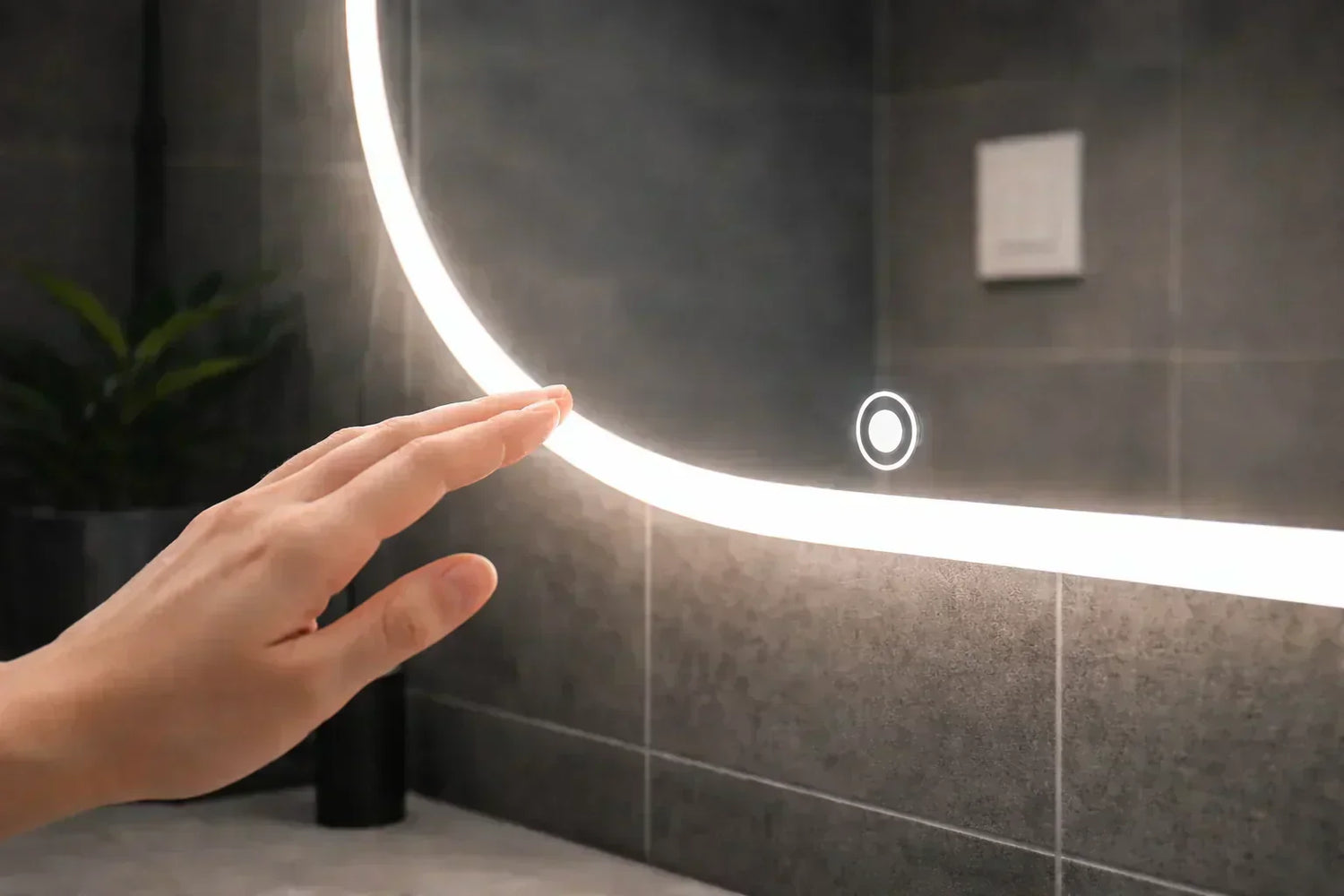 Close-up LED mirror showing touch control and wall switch in the background