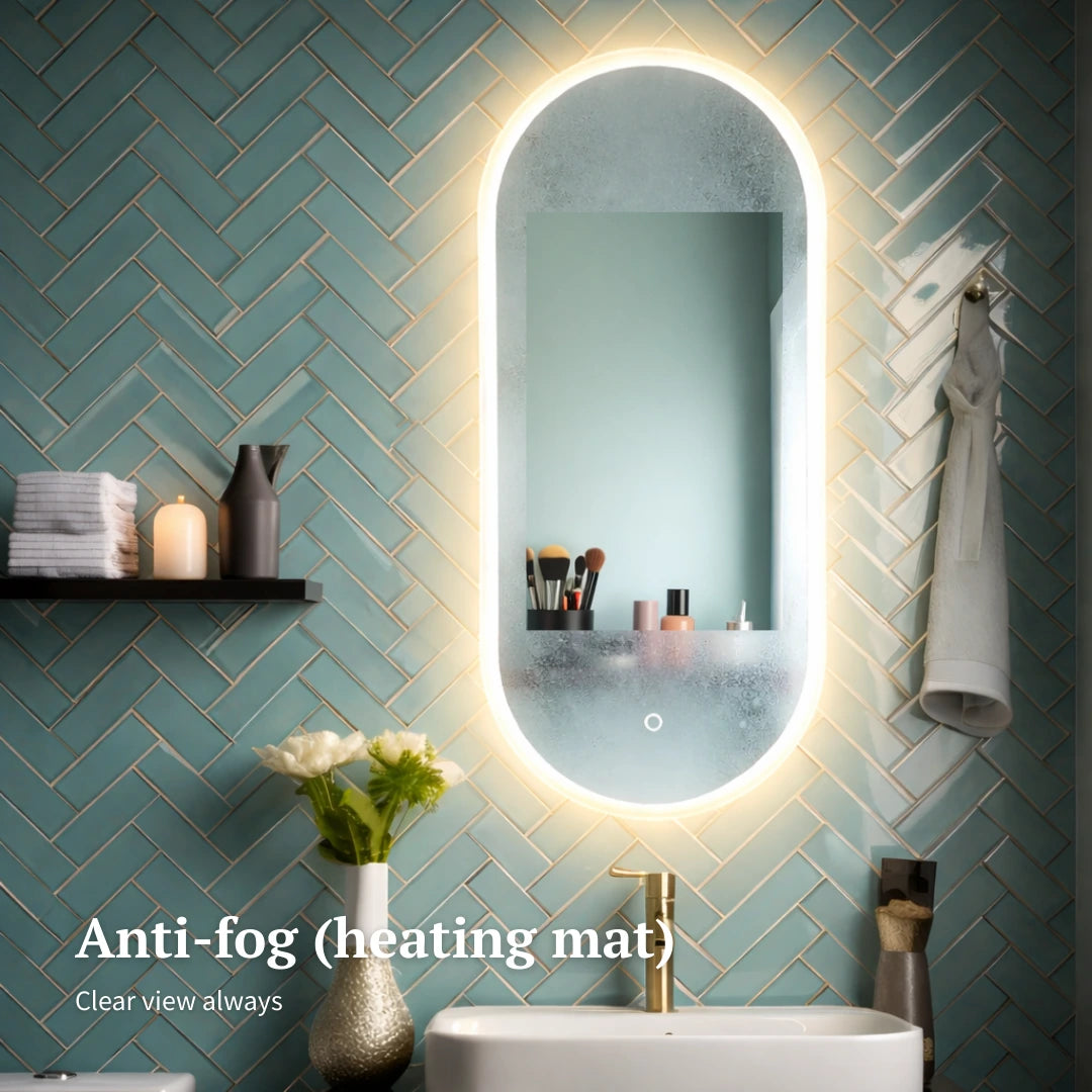 Bathroom with a illuminated mirror and anti-fog text overlay