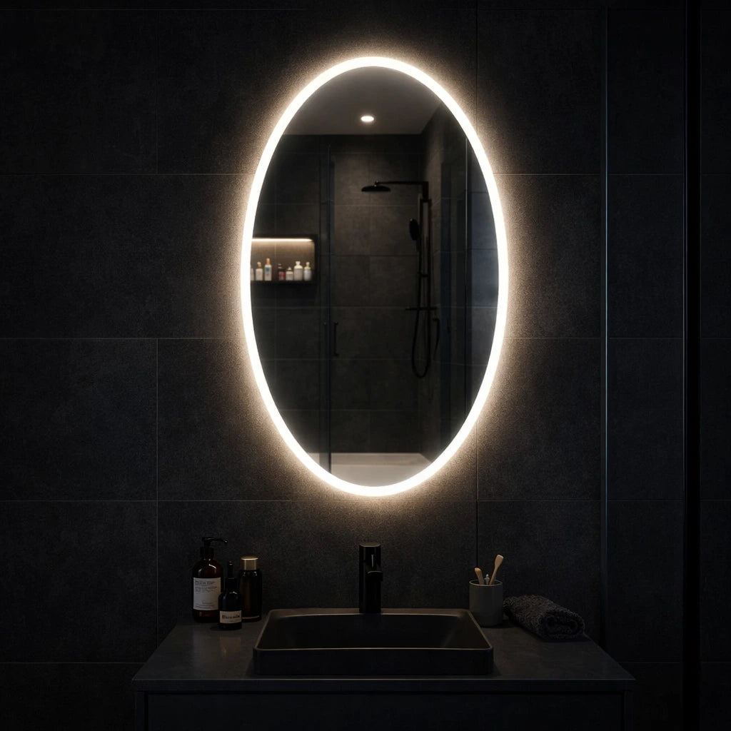 Bathroom with a large oval mirror illuminated by LED lights on a dark tiled wall.