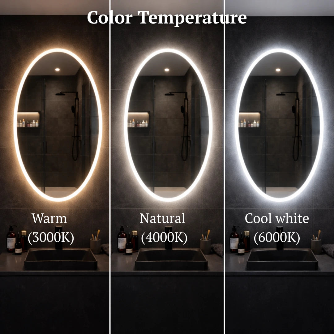 Three images of a bathroom mirror with different color temperature lighting: Warm (3000K), Natural (4000K), and Cool white (6000K).