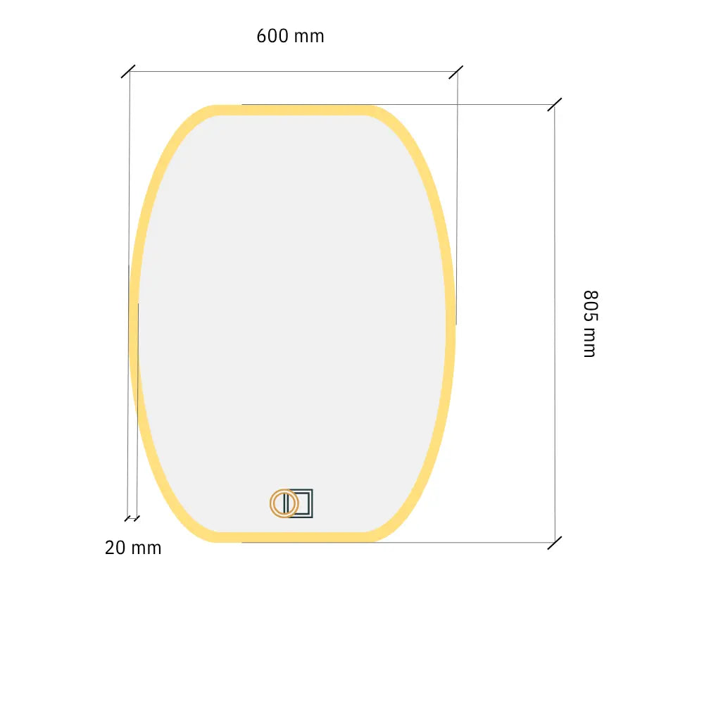 A dimension diagram of an oval-shaped light tent or softbox, showing measurements of 600 mm width, 805 mm height, and a 20 mm depth, with a yellow outline and light gray interior on a white background.