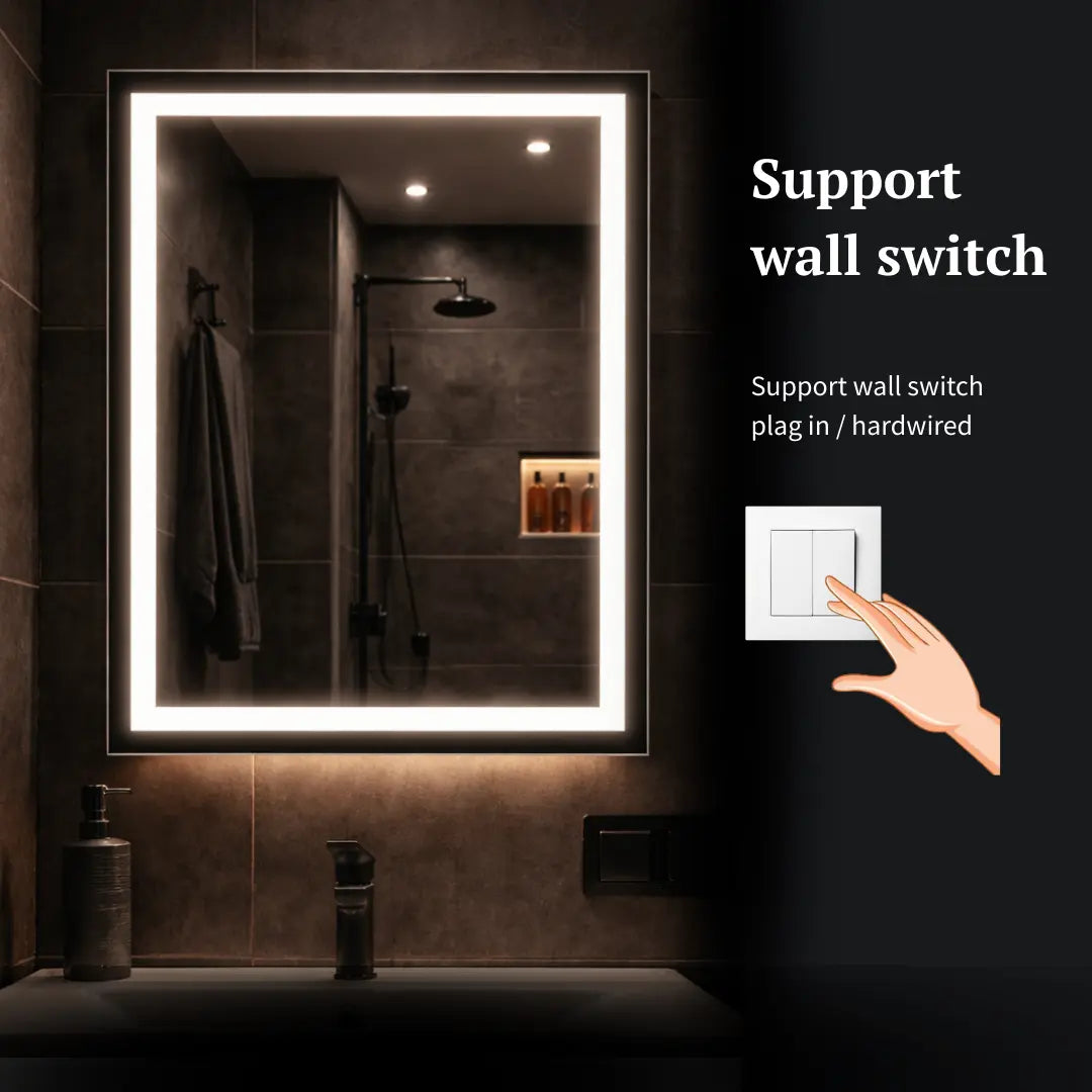 Rectangular LED mirror with double Front Lit wall switch