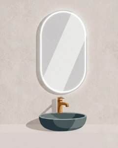 An oval LED-backlit bathroom mirror with a gold faucet and a dark blue-gray vessel sink, shown against a textured beige wall.